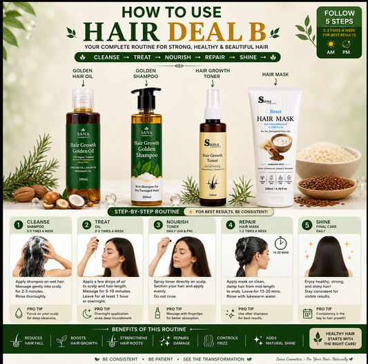 Hair Deal B ( Golden Oil ,Shampoo, Toner, Fermented Rice and Flex seeds Hair Mask )