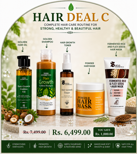 Hair Deal C (Golden Oil, Shampoo, Toner, Powder Hair Mask, Fermented Rice and Flex seeds Hair Mask )