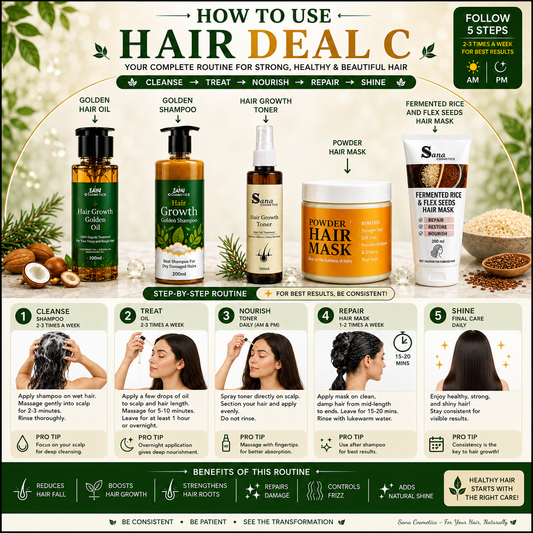 Hair Deal C (Golden Oil, Shampoo, Toner, Powder Hair Mask, Fermented Rice and Flex seeds Hair Mask )