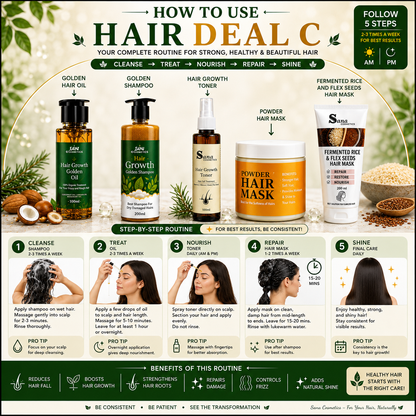 Hair Deal C (Golden Oil, Shampoo, Toner, Powder Hair Mask, Fermented Rice and Flex seeds Hair Mask )