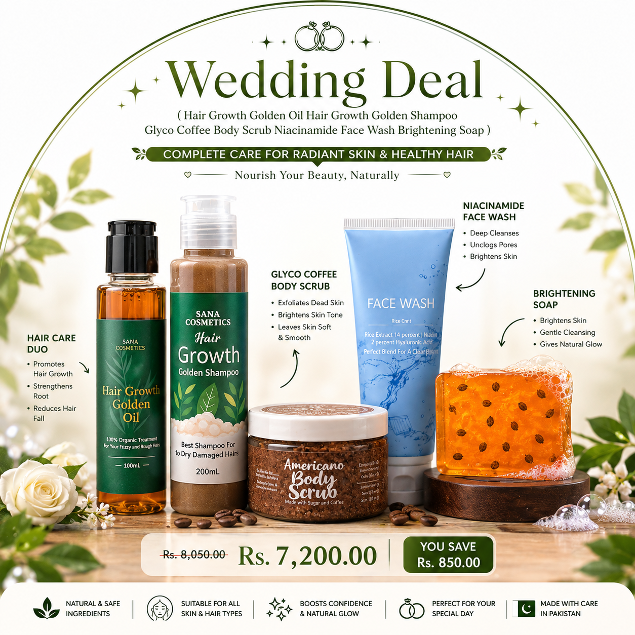 Wedding Deal (Hair Growth Golden Oil Hair Growth Golden Shampoo Glyco Coffee Body Scrub Niacinamide Face Wash Brightening Soap)