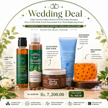 Wedding Deal (Hair Growth Golden Oil Hair Growth Golden Shampoo Glyco Coffee Body Scrub Niacinamide Face Wash Brightening Soap)