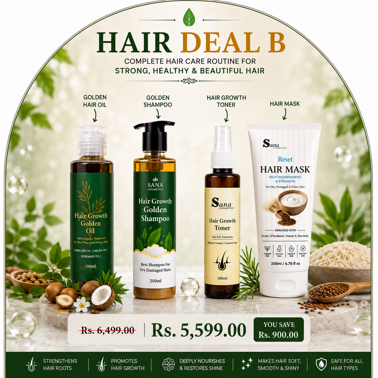 Hair Deal B ( Golden Oil ,Shampoo, Toner, Fermented Rice and Flex seeds Hair Mask )