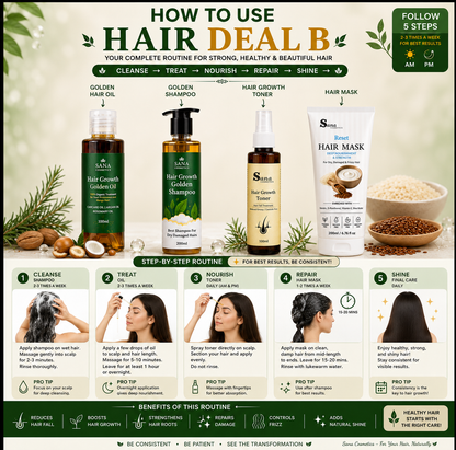 Hair Deal B ( Golden Oil ,Shampoo, Toner, Fermented Rice and Flex seeds Hair Mask )
