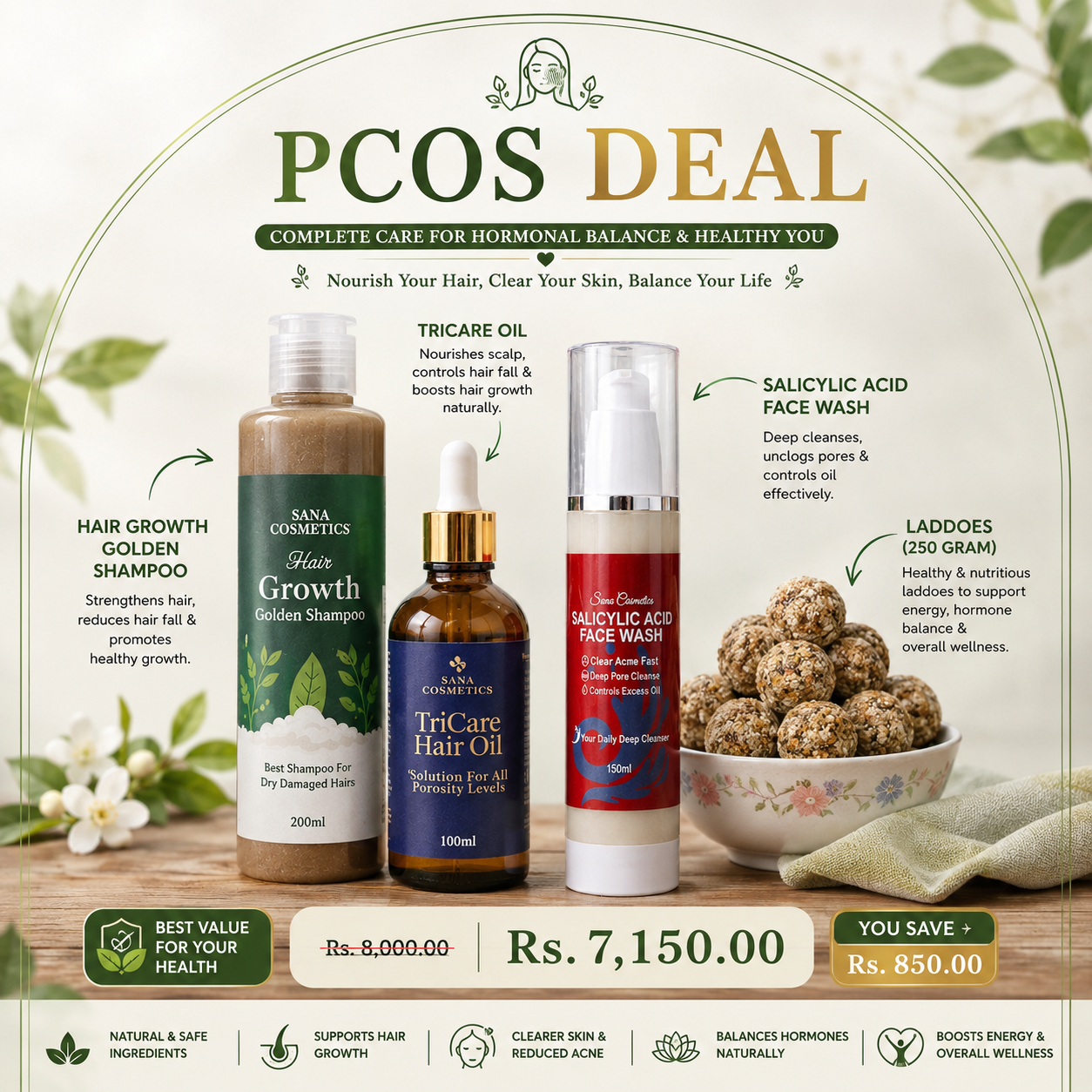 PCOS Deal (TriCare Oil Hair Growth Golden Shampoo Salicylic Acid Face Wash Small Pack (250 gram) Laddoes)