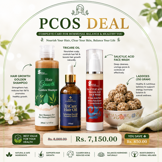 PCOS Deal (TriCare Oil Hair Growth Golden Shampoo Salicylic Acid Face Wash Small Pack (250 gram) Laddoes)
