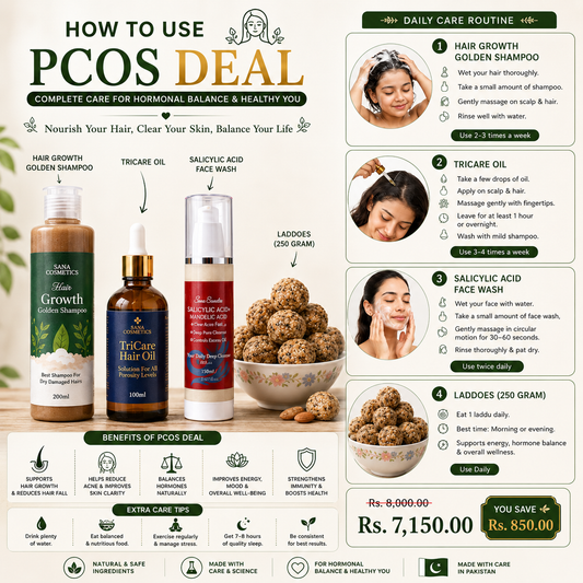 PCOS Deal (TriCare Oil Hair Growth Golden Shampoo Salicylic Acid Face Wash Small Pack (250 gram) Laddoes)