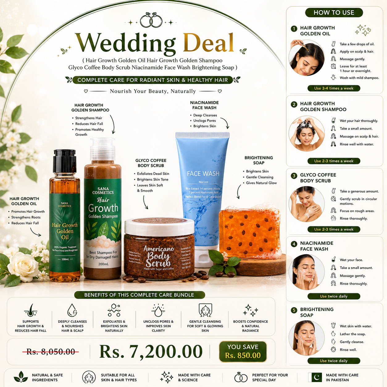 Wedding Deal (Hair Growth Golden Oil Hair Growth Golden Shampoo Glyco Coffee Body Scrub Niacinamide Face Wash Brightening Soap)