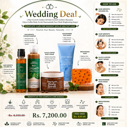 Wedding Deal (Hair Growth Golden Oil Hair Growth Golden Shampoo Glyco Coffee Body Scrub Niacinamide Face Wash Brightening Soap)