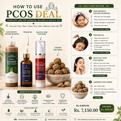 PCOS Deal (TriCare Oil Hair Growth Golden Shampoo Salicylic Acid Face Wash Small Pack (250 gram) Laddoes)